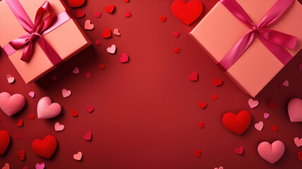 Valentine's Day red background with red petals rose with gift box, top view.