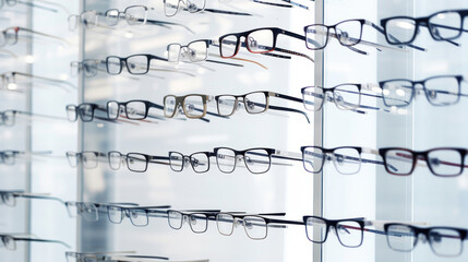 Wall of eyeglasses in white store