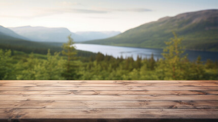 Empty wooden table top with blur background of mountain landscape