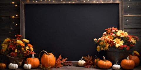 Black board with autumn holiday decoration, with pumpkins and flowers and copy space. - Powered by Adobe
