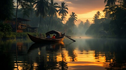kerala backwaters view with boat, landscape