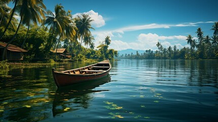 kerala backwaters view with boat, landscape - obrazy, fototapety, plakaty