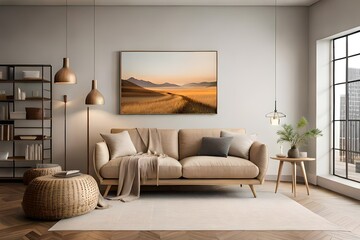 Living room interior wall mockup in warm tones with beige linen sofa, dry Pampas grass, wicker table and boho style decoration on empty wall background.