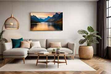 Living room interior wall mockup in warm tones with beige linen sofa, dry Pampas grass, wicker table and boho style decoration on empty wall background. 3D rendering