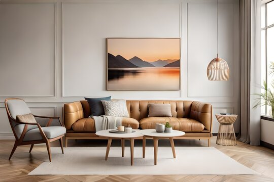 Living room interior wall mockup in warm tones with beige linen sofa, dry Pampas grass, wicker table and boho style decoration on empty wall background. 3D rendering, illustration.