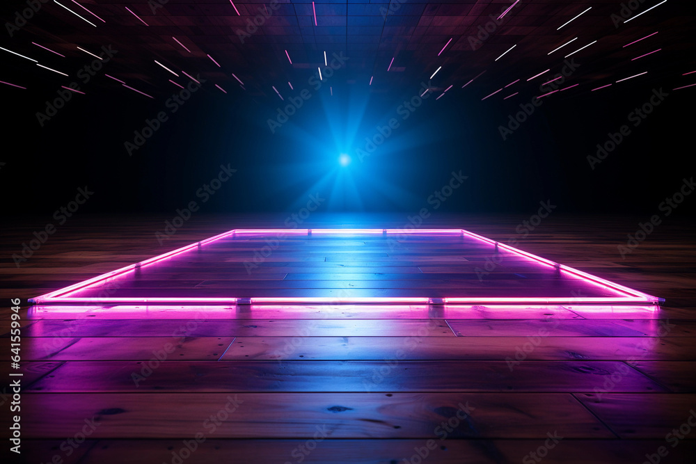 Wall mural empty stage with neon lights and wood floor background