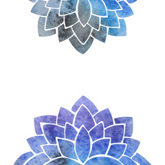 Silhouettes of blue purple stylized lotus flowers, ethnic oriental pattern with watercolor texture