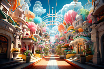 a futuristic street lined with colorful stores