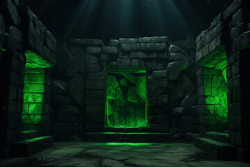 A dark stone room with gate and green neon lights background illustration