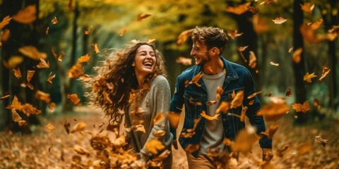 romantic happiness couple in autumn wind leaves