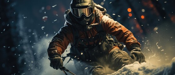 close-up person skiing or snowboarding down a snowy slope