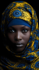 An african woman wearing a vibrant yellow and blue headscarf Generative Ai