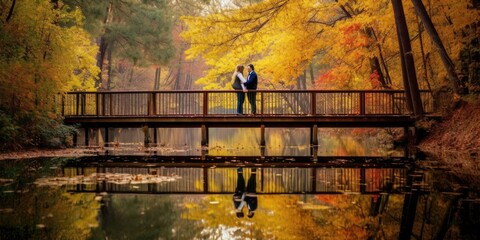 couple standing at bridge in autumn