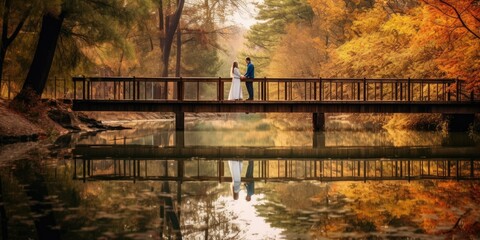 couple standing at bridge in autumn