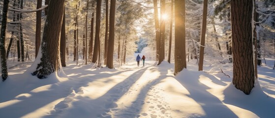 hikers walking in winter forest in the morning