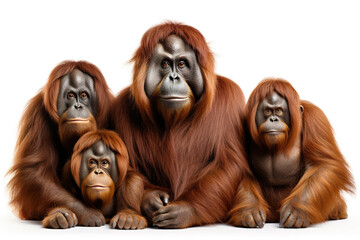 Image of family group of orangutan orange on white background. Wildlife Animals. Illustration, Generative AI.