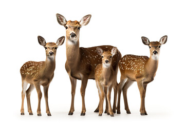 Image of family group of deer on white background. Wildlife Animals. Illustration, Generative AI.