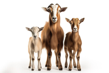 Image of family group of goats on white background. Farm animals. Illustration, Generative AI.