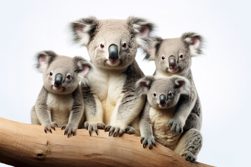 Image of family group of koala on white background. Wildlife Animals. Illustration, Generative AI.