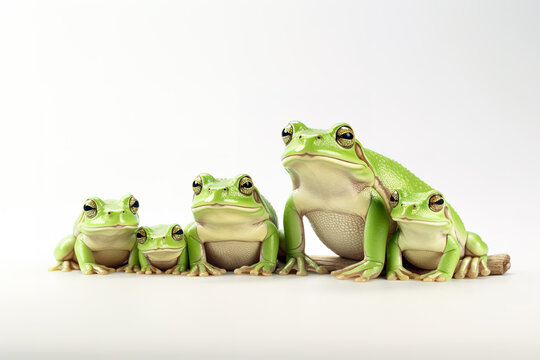 Image of family group green frogs on a white background. Amphibian. illustration. Generative AI.