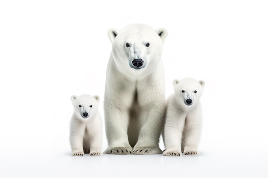 Image of family group of polar bears on white background. Wildlife Animals. Illustration, Generative AI.
