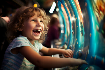 portrait of happy child in amusement arcade