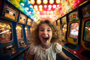 portrait of happy child in amusement arcade - obrazy, fototapety, plakaty