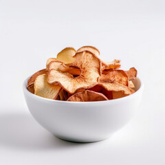Cinnamond apple chips crisp on a white bowl for a natural homemade snack minimalist background 
