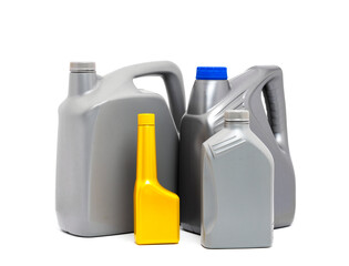 Oil gallon or lubricant barrel product or gray motor oil bottle isolated on white background.