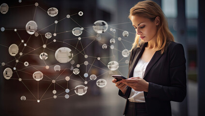 A woman using a smartphone while admiring a painting