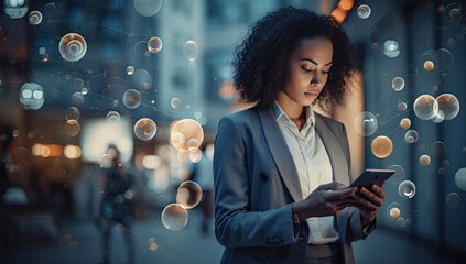 A professional woman using a tablet in a modern business setting