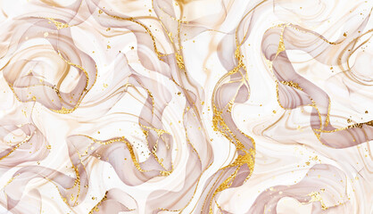 Abstract alcohol ink painting background texture with gold waves and glitter dust.