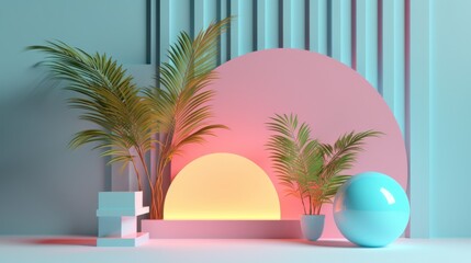 Tropical abstract still life with palm trees semi circles glossy sphere and neon light for your background. AI generation 