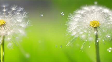 Dandelion water drops in nature. Generative AI.