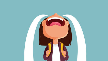 Unhappy Student Crying Not Wanting to go to School Vector Cartoon. upset the little girl weeping feeling said for the new school year
