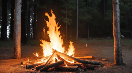 Serene camp fire photograph. Generative AI.