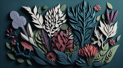 Spring awakening illustration of plants paper cut style. Generative AI.