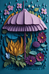 Spring showers bring many flowers in rainy day illustration paper cut. Generative AI.
