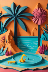 Summer pool background in paper cut style. Generative AI.