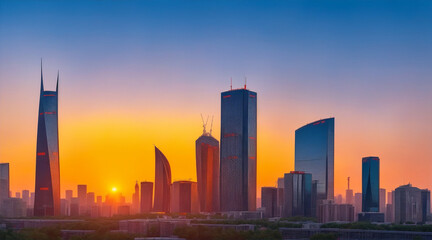 Sunset illuminates modern Beijing skyline steel skyscrapers reflect. Generative AI.