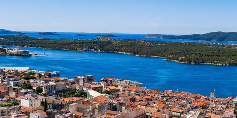 Aerial view of the Sibenik, Croatia. Beautiful old city of Sibenik, panoramic view of the town center and adriatic sea. Dalmatia.