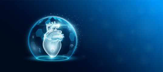 Heart human organ inside transparent dome shield protection futuristic with medical icon. Medical technology innovation health care. Empty space for text. Medical science ads website banner. Vector. © Adisak