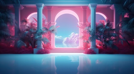 Tropical abstract composition with palm trees arches columns and neon light for your background. AI generation 