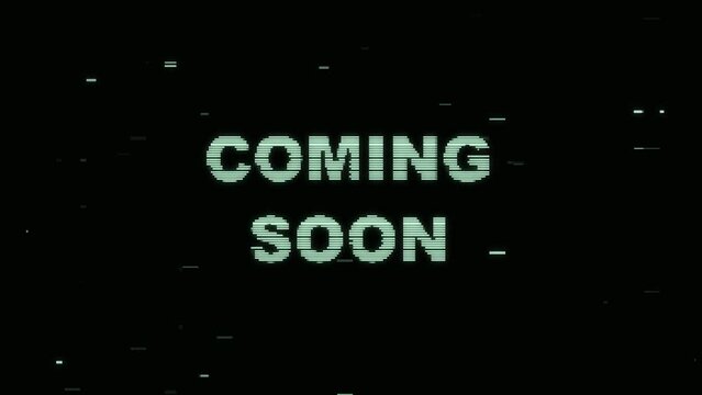 Coming soon glitch effect intro text message. 4k text animation banner glitch effect. You can use to  new business on your social network. 