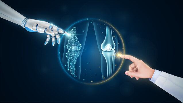 Hand of doctor and robot finger or cyborg artificial intelligence AI touching bone Joint. Human organ virtual interface. Innovative technology in science medical health care futuristic. 3D Vector.