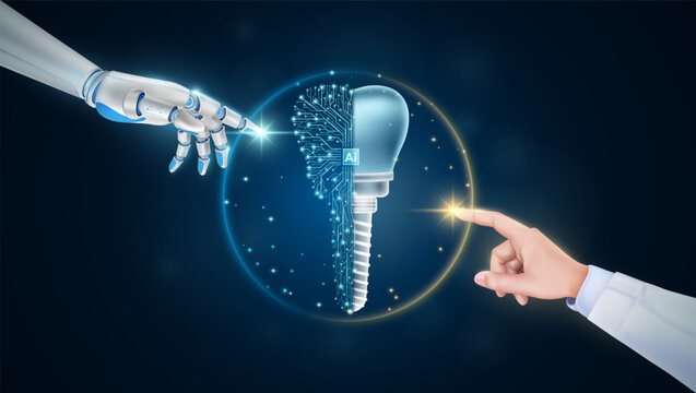 Hand of doctor and robot finger or cyborg artificial intelligence AI touching dental implant. Human organ virtual interface. Innovative technology in science medical health care futuristic. 3D Vector.