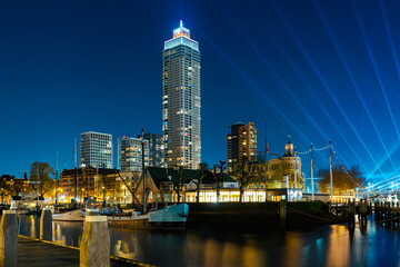 Panoramic view of the night city. Rotterdam city skyline. City towers illuminated panorama. Netherlands