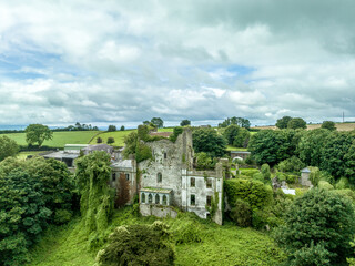 Aerial view of Leap Castle with ruined donjon and castle garden