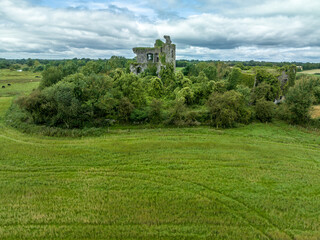 Aerial view of Lea Castle ruined medieval castle of the FitzGerald family with 4 storey donjon and gate house near Portarlington, County Laois