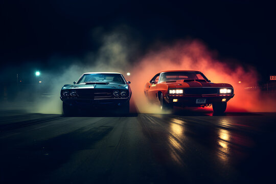 beautiful shot of a drag race at night